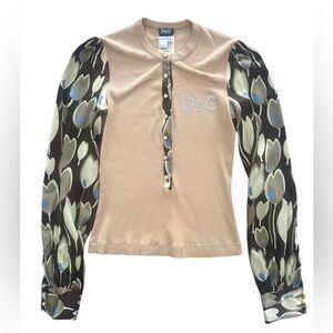 D&G long sleeve blouse with rhinestone logo and floral sleeves